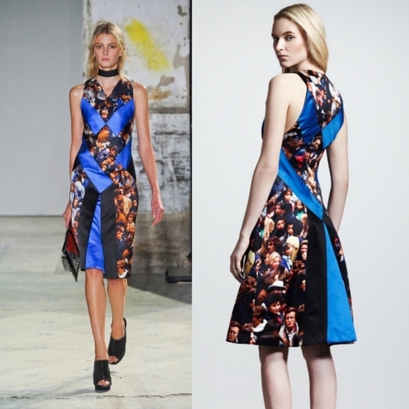 Proenza Schouler Protest Print V-neck Dress - Size 0 in Blue Black - Picture 1 of 15